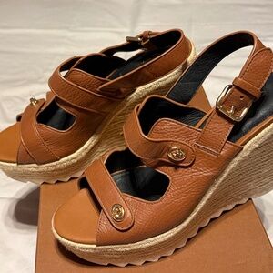 Women’s Coach Electra brown leather Wedge Sandals Jute turnlock platforms 9 9.5
